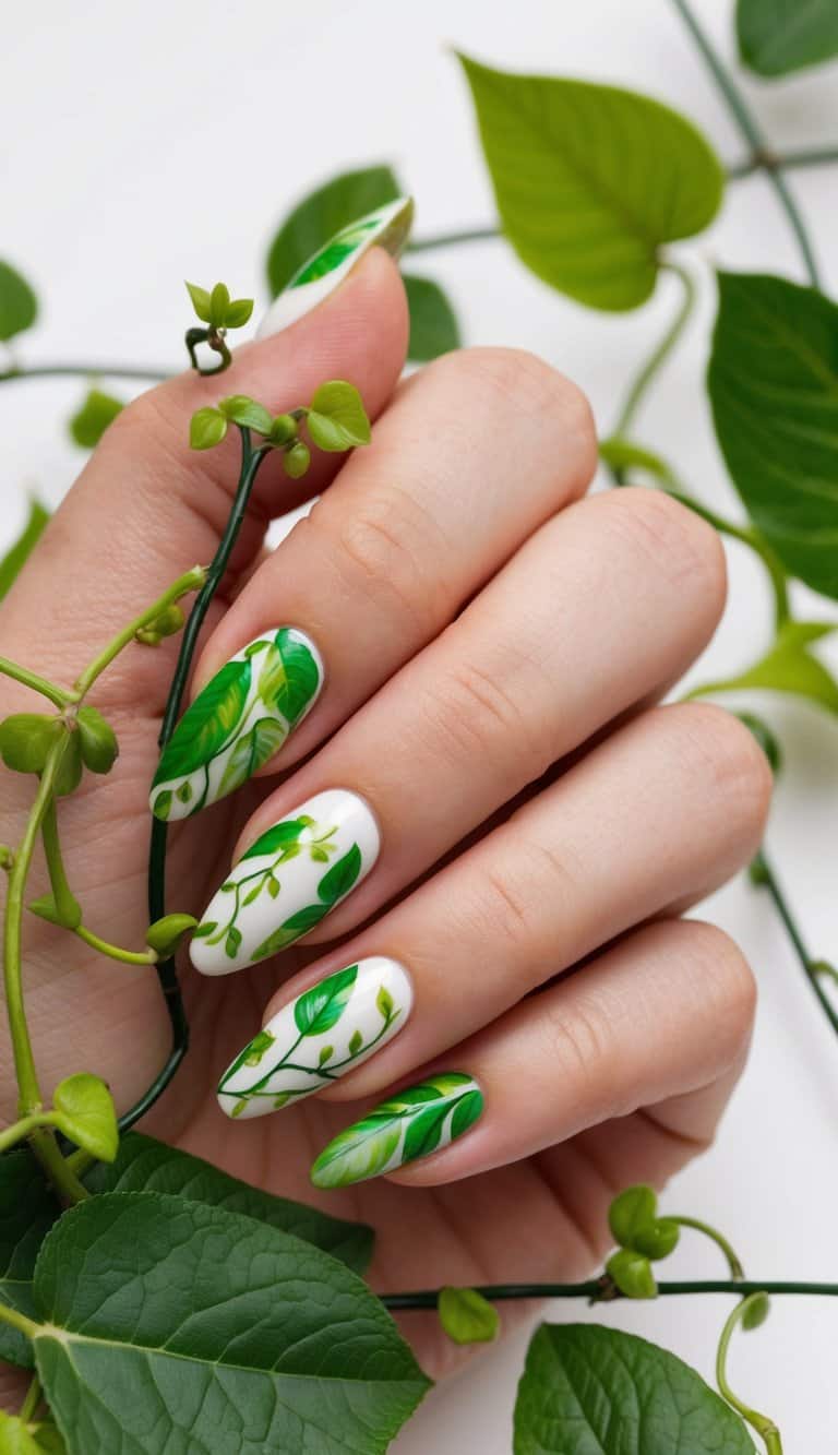 Vibrant green leaves intertwined with delicate vines, creating a refreshing and lush nail art design