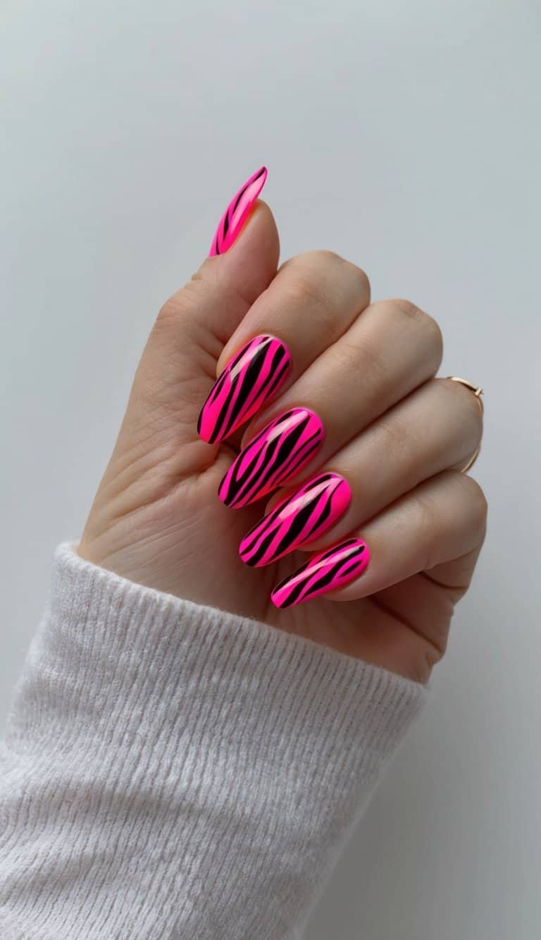 A neon zebra stripe pattern on hot pink nails, with bold and bright designs