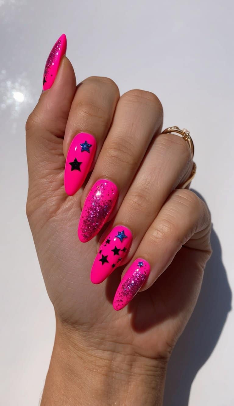 Vibrant hot pink nail art designs with glitter, stars, and bold patterns on a sleek, glossy background