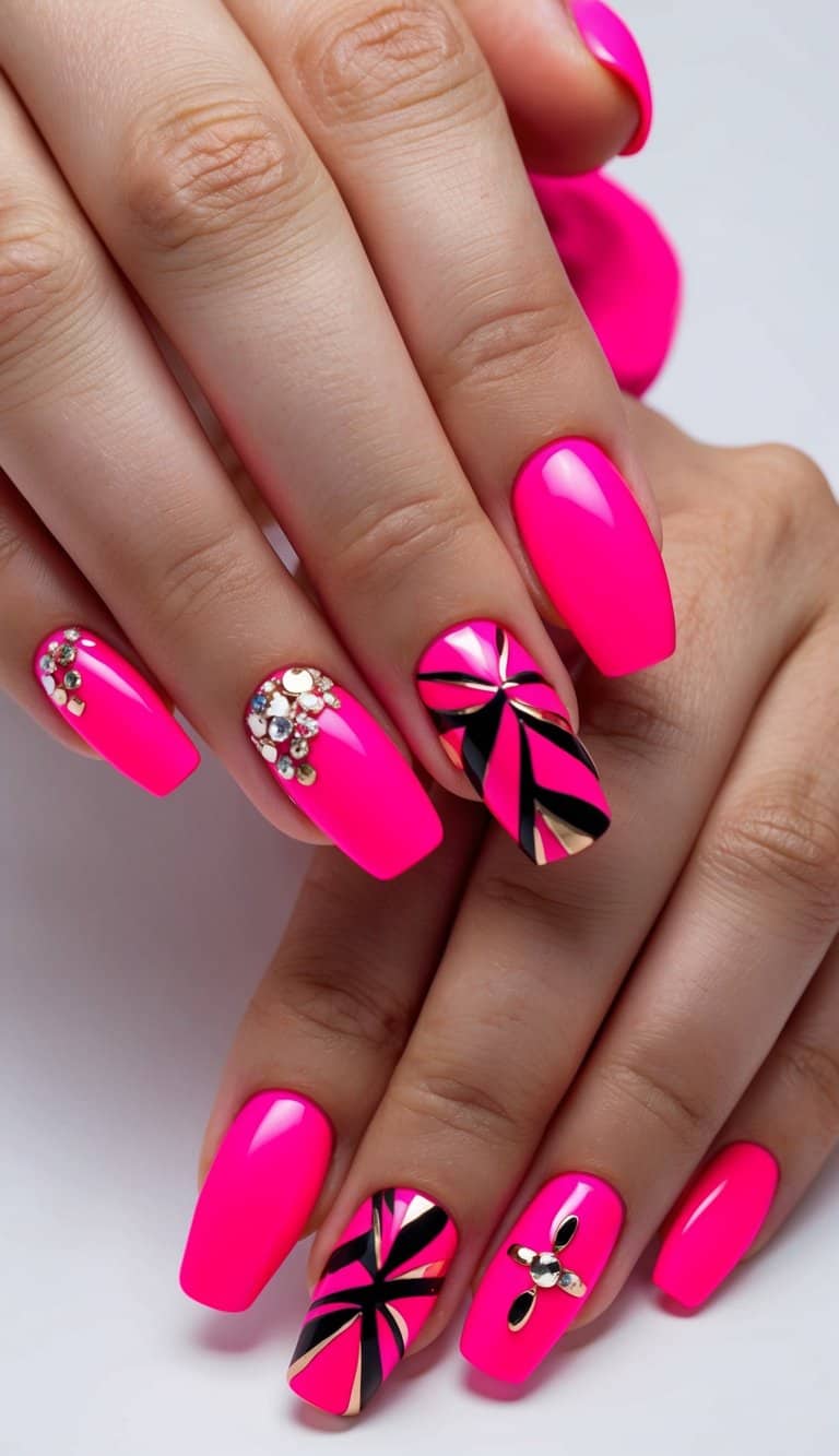 Vibrant hot pink nail art designs arranged in a bold and abstract composition