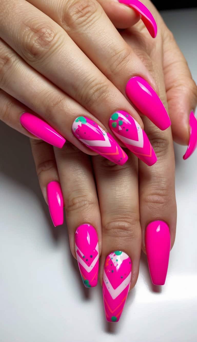Vibrant hot pink nail art designs featuring chevron patterns and splashes of color