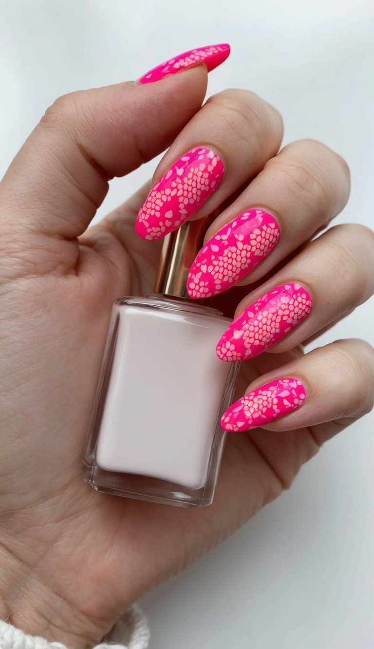 A vintage lace pattern in hot pink nail art, featuring bold and bright designs