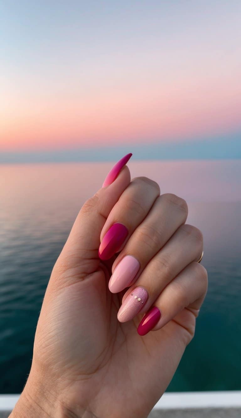 A vibrant sunset over a calm ocean, with the sky transitioning from deep pink to a soft orange, creating a stunning ombre effect