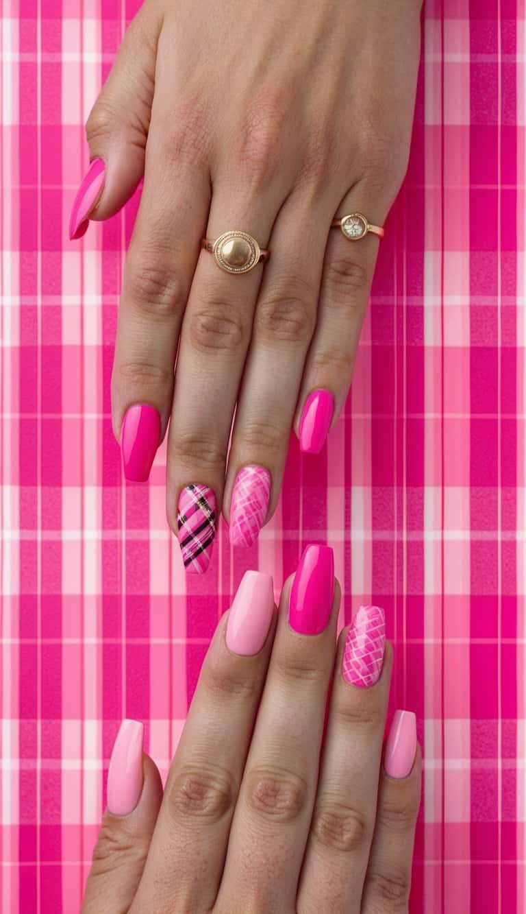 A vibrant pink plaid background with 50 unique hot pink nail art designs displayed in a grid format