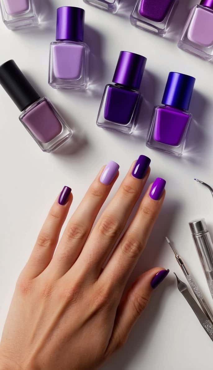 A table with various shades of purple nail polish bottles and nail art tools arranged neatly on a white background