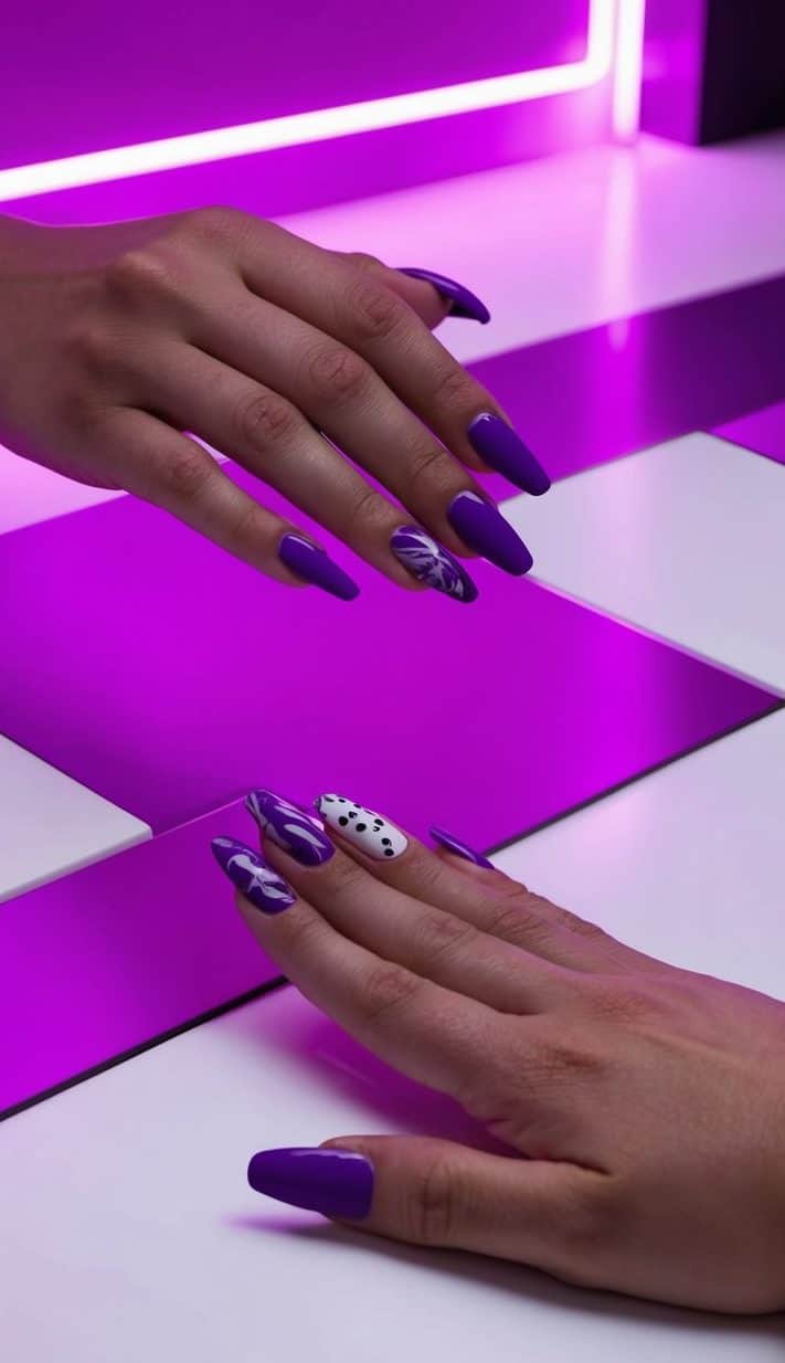A collection of vibrant purple nail art designs displayed on a sleek, modern backdrop with neon plum lighting creating a stunning and eye-catching scene