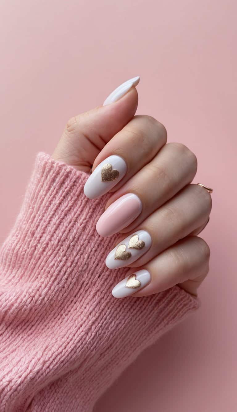 A cozy pink knit sweater with heart-shaped nail art designs on a soft pink background
