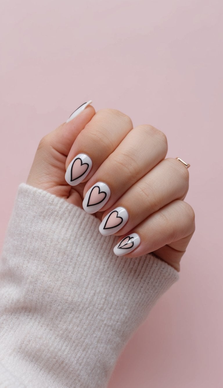 A hand with minimalistic heart outline nails against a soft pink background