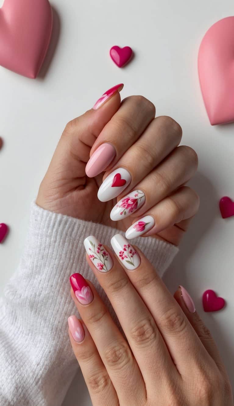 A collection of romantic Valentine's Day nail art designs displayed on a white background with heart-shaped accents and delicate floral patterns