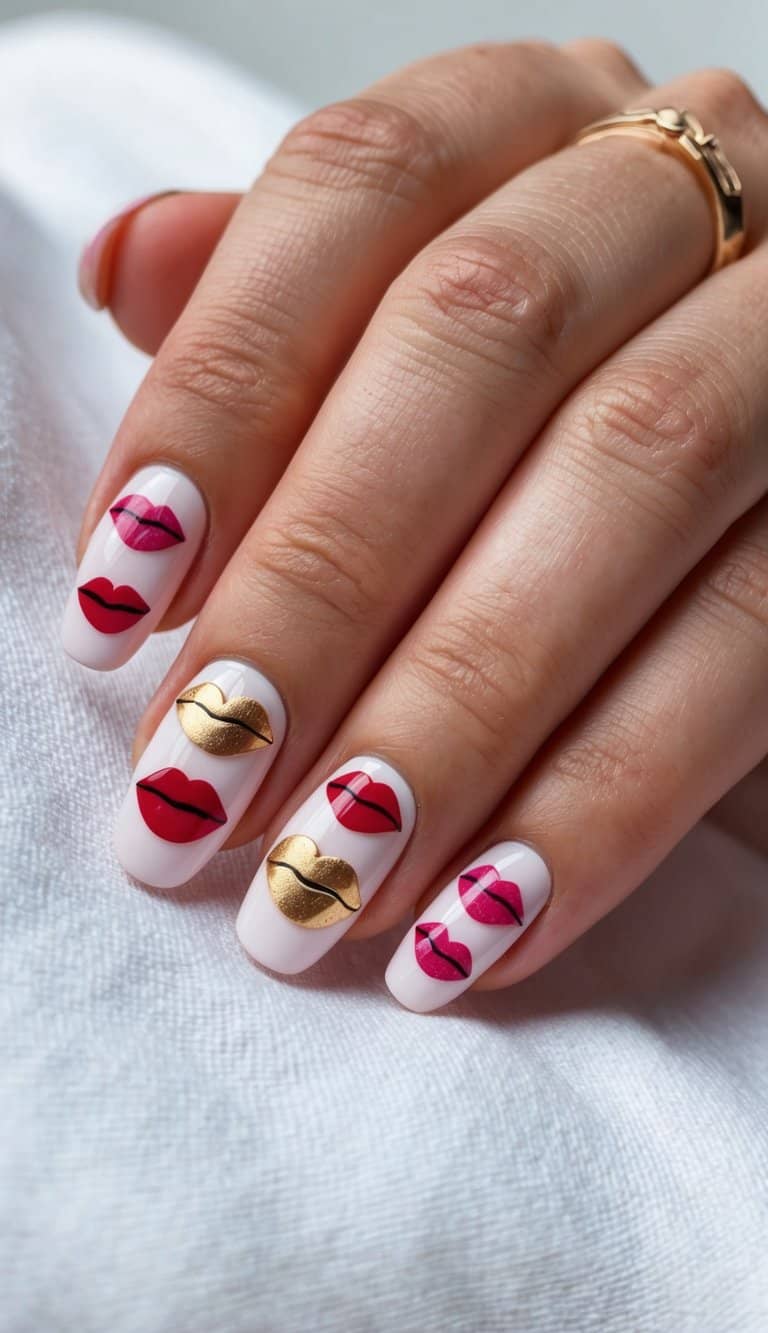 A close-up of beautifully manicured nails adorned with romantic Valentine's Day nail art designs, with a focus on the kissproof lips design
