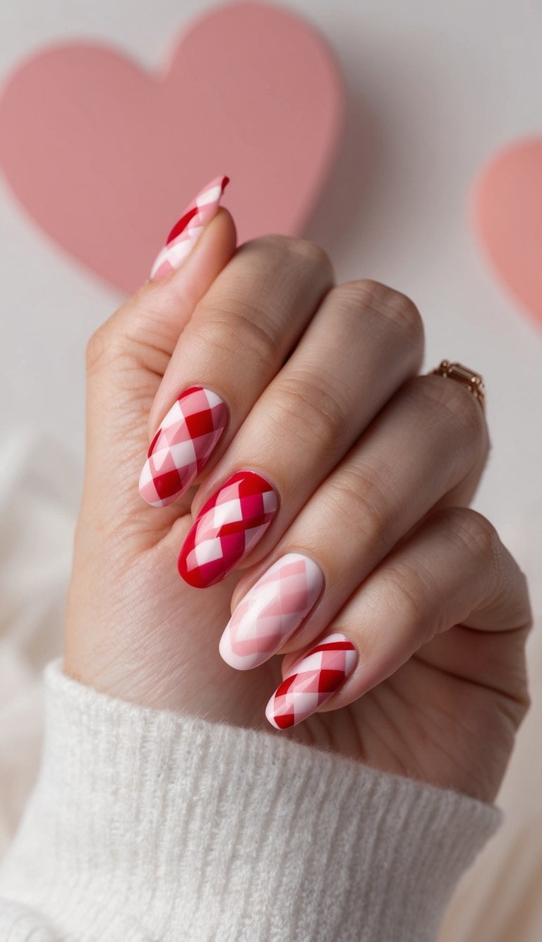 A close-up of nails with charming checks and hearts in various shades of red and pink, set against a soft and romantic background