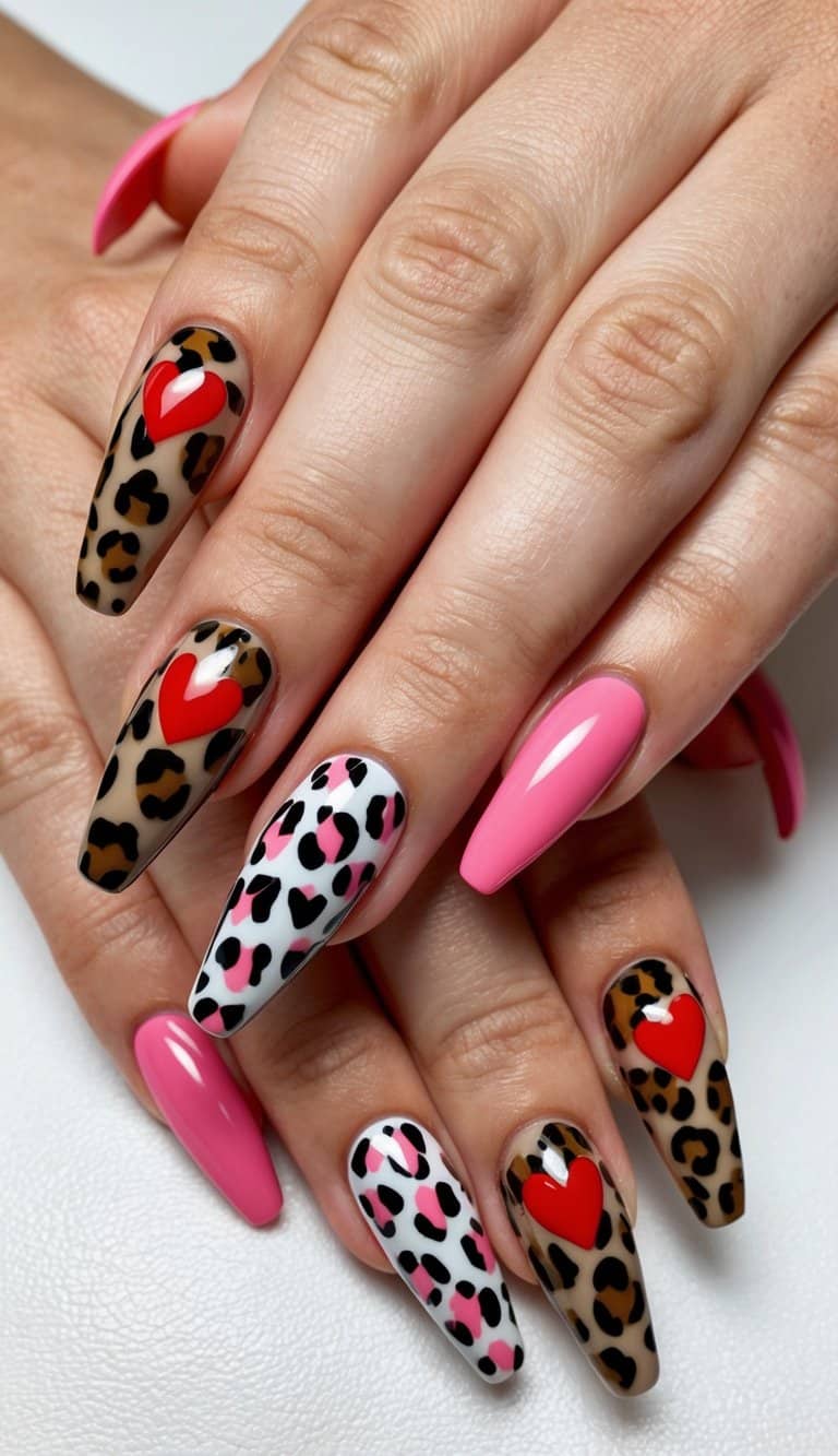 A leopard print nail design with red and pink hearts on a white background