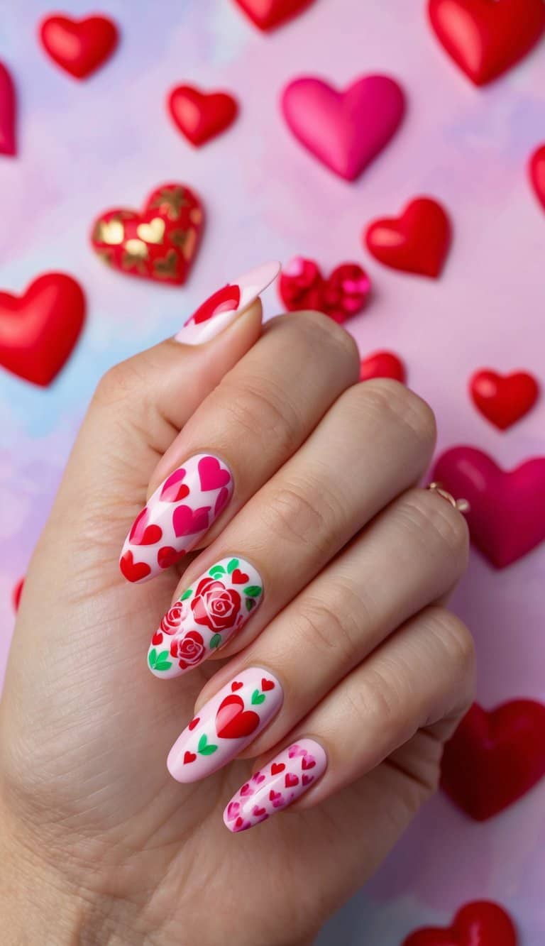 A colorful array of Valentine's Day nail art designs, featuring hearts, roses, and romantic patterns, displayed on a vibrant background