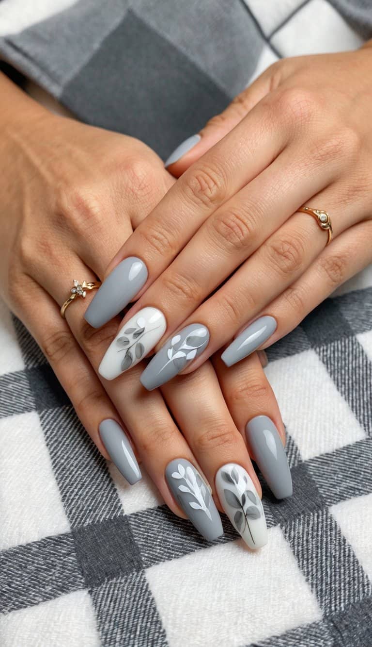 A flat lay of elegant gray nail art designs on a classic gray plaid background