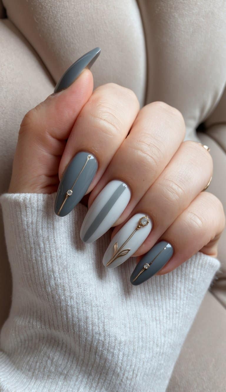 A close-up of elegant gray nail art designs on a velvet-textured background