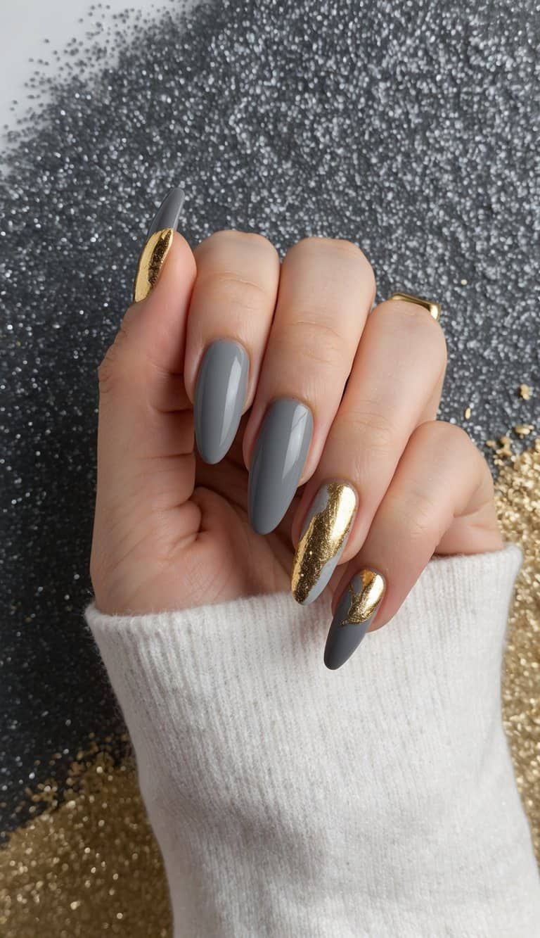 A close-up of elegant gray nails with gold foil accents, set against a glamorous backdrop of shimmering gray and gold