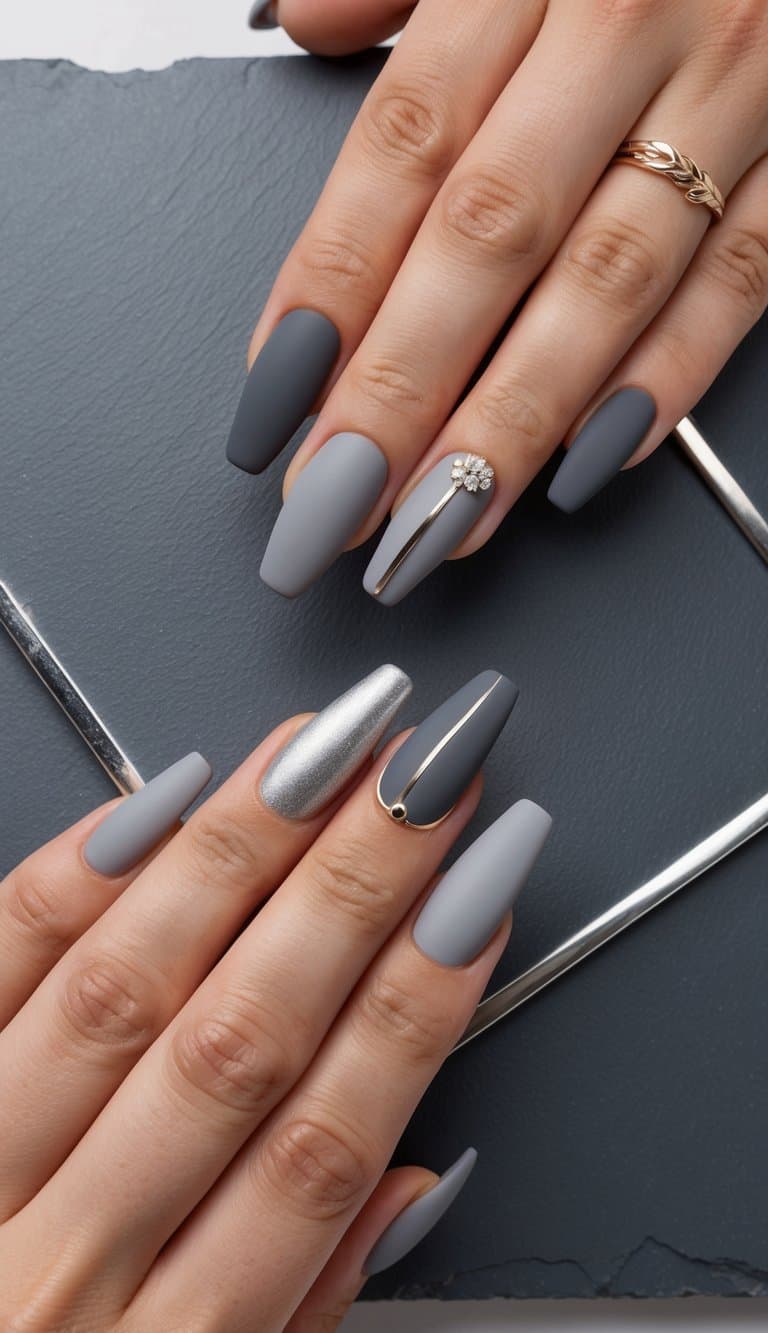 A sleek slate background with silver accents, showcasing various elegant gray nail art designs in matte finish