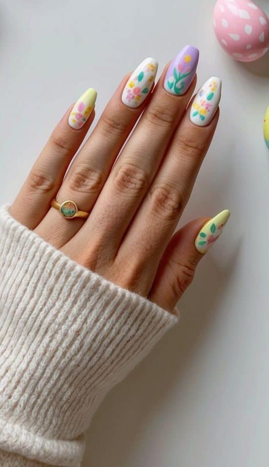A table adorned with pastel-colored Easter nail art designs, featuring whimsical patterns and cheerful motifs
