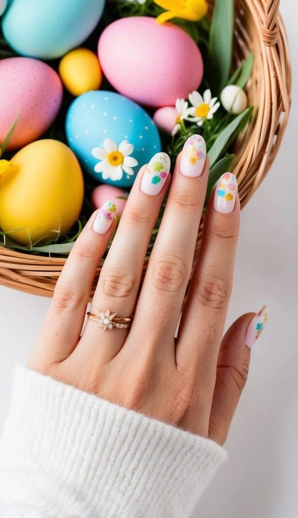 A festive Easter basket filled with colorful eggs and spring flowers