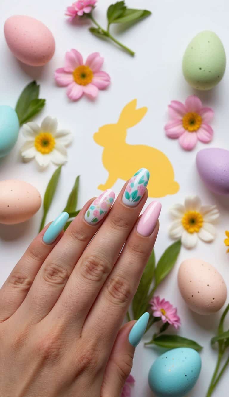 A bunny silhouette surrounded by pastel Easter eggs and flowers
