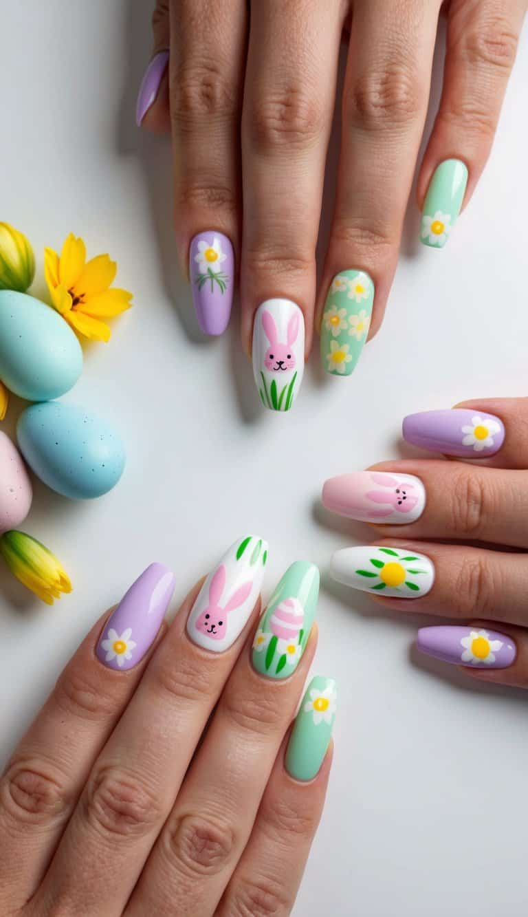 A table adorned with pastel-colored Easter-themed nail art designs, featuring bunnies, eggs, and spring flowers