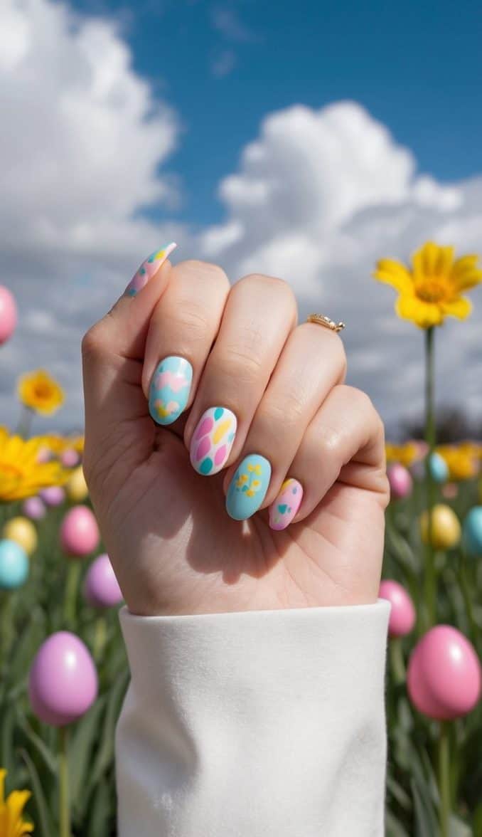 A colorful Easter egg hunt with pastel nail art designs scattered among vibrant flowers and fluffy clouds in the sky