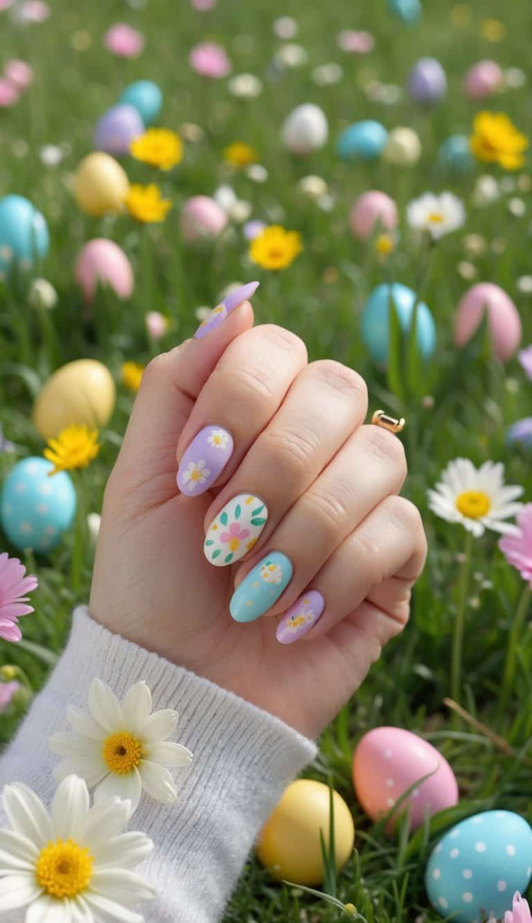 A sunny meadow with colorful Easter eggs scattered among pastel flowers and cheerful springtime creatures