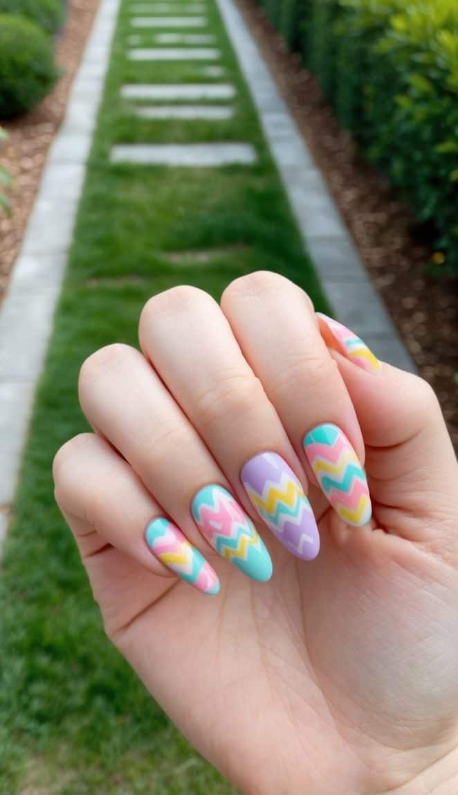 A garden path with colorful Easter-themed nail art designs, featuring pastel shades and cheerful patterns