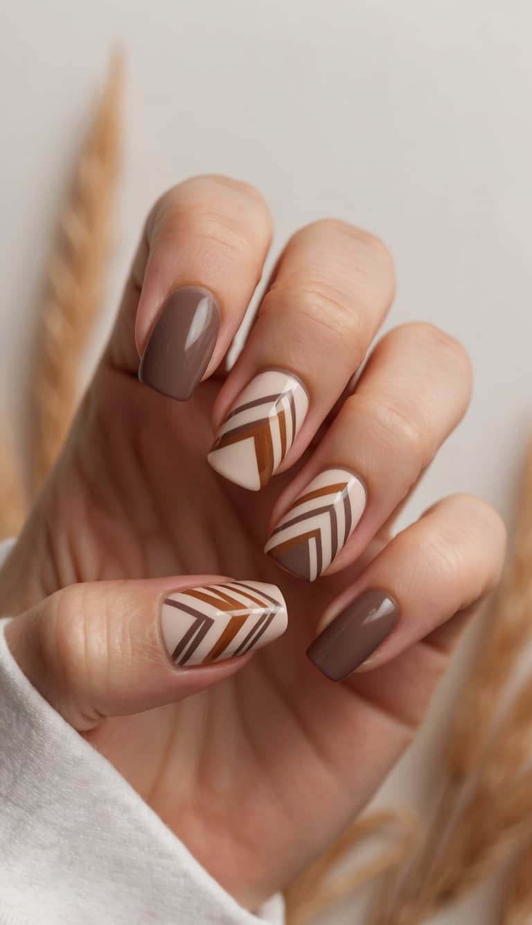 A close-up of umber geometric nail art designs on a neutral background