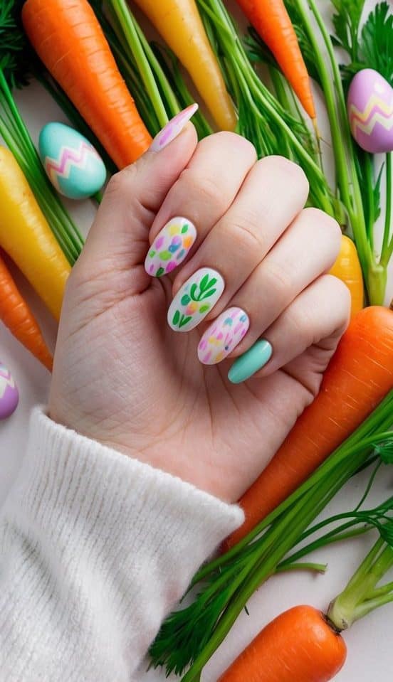 A colorful carrot patch with pastel Easter nail art designs scattered among the greenery