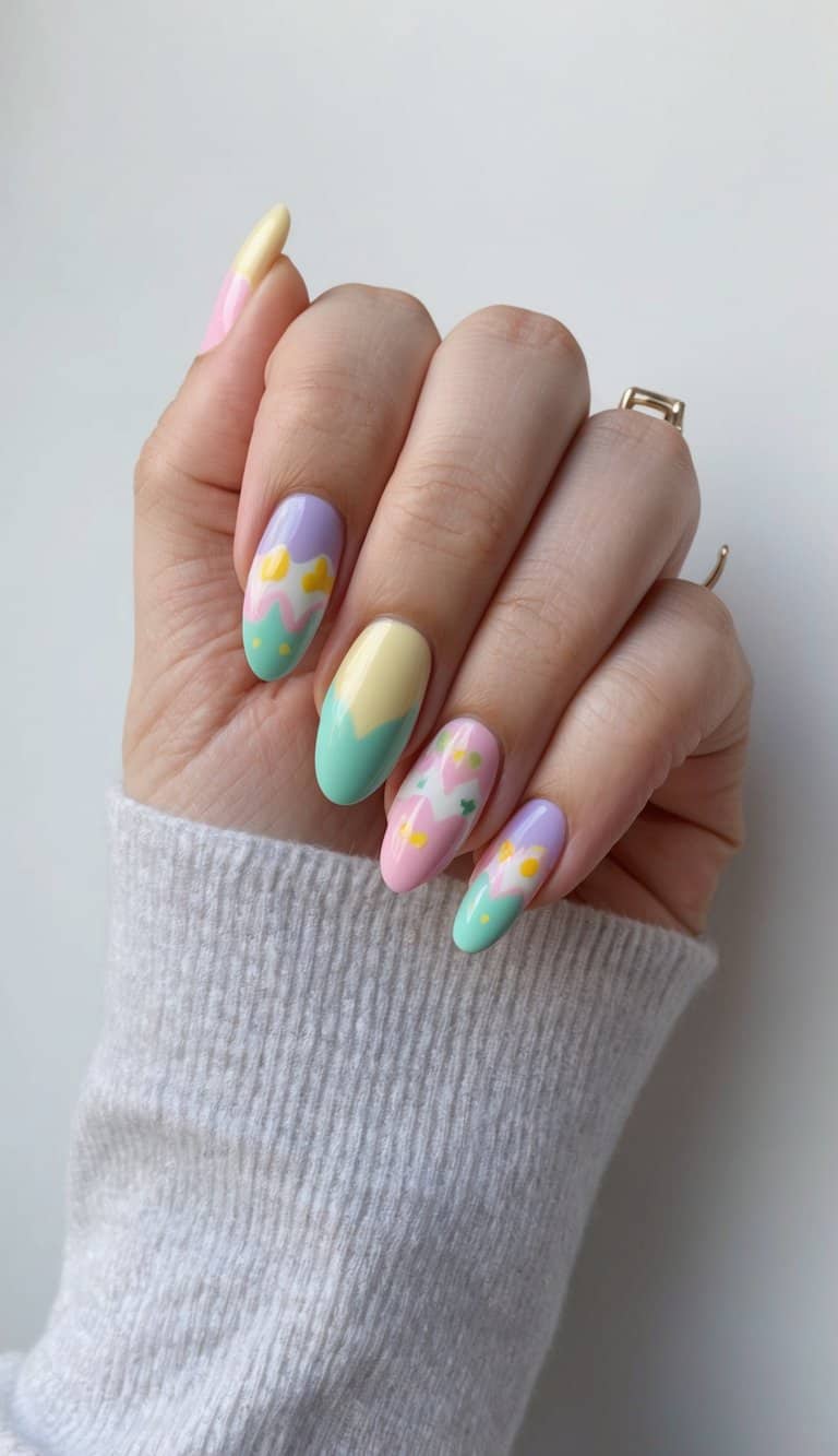 A colorful Easter-themed nail art display with pastel shades and cheerful designs