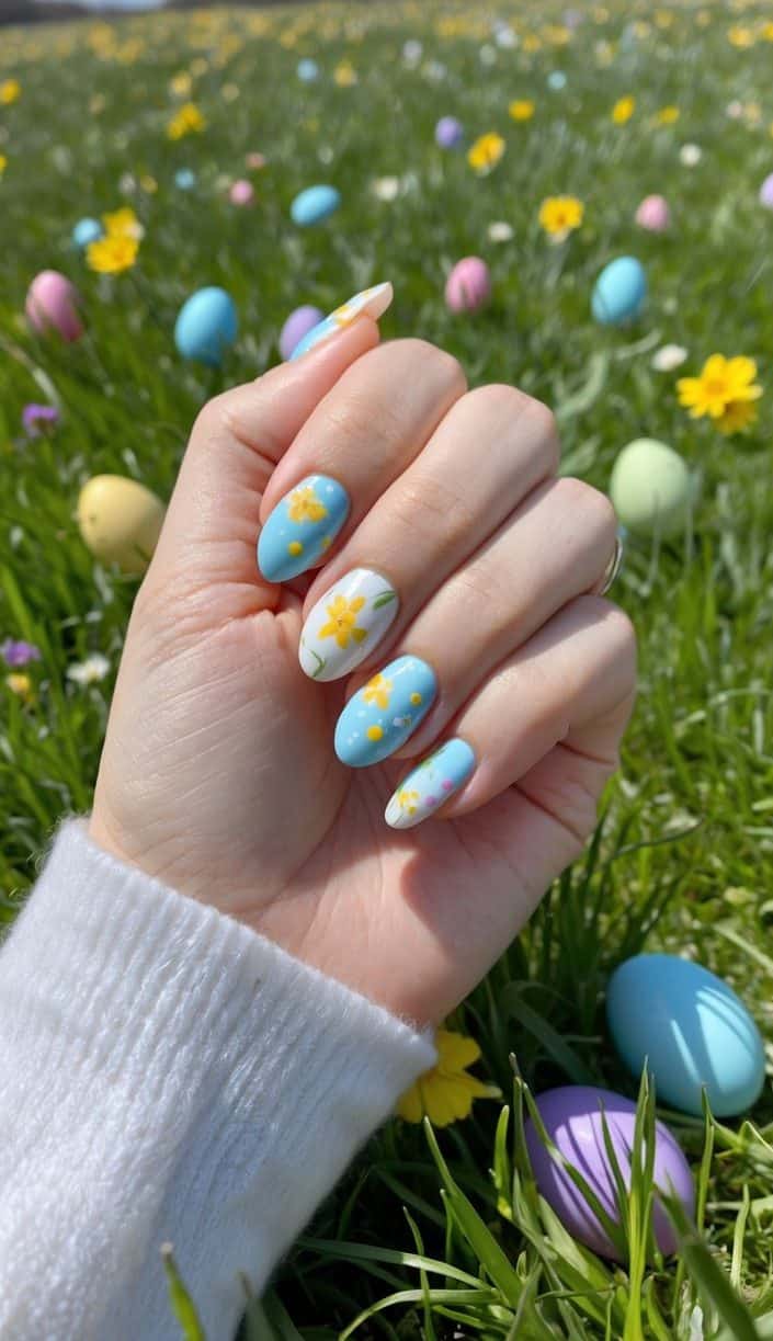 A meadow filled with colorful Easter eggs and blooming flowers, surrounded by a clear blue sky and fresh green grass