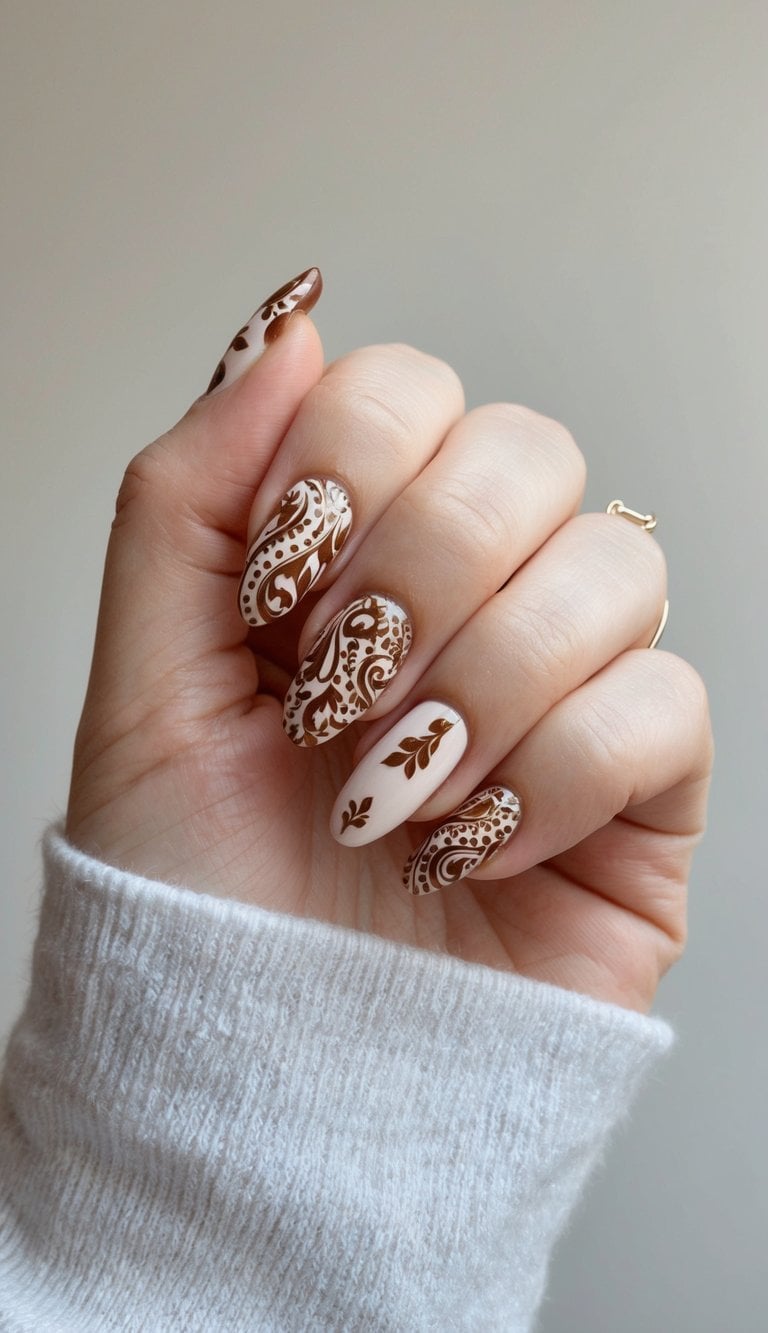 A close-up of brown paisley nail art on a neutral background with elegant and stylish designs