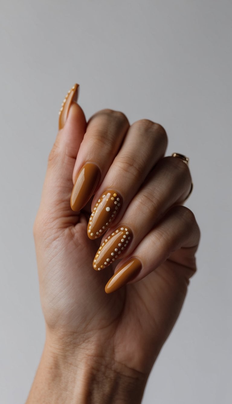 A mustard dotwork art design on a stylish brown nail