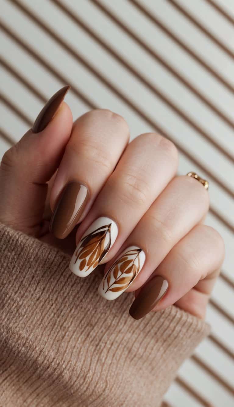 A cozy, earthy scene featuring stylish brown nail art designs on a striped background