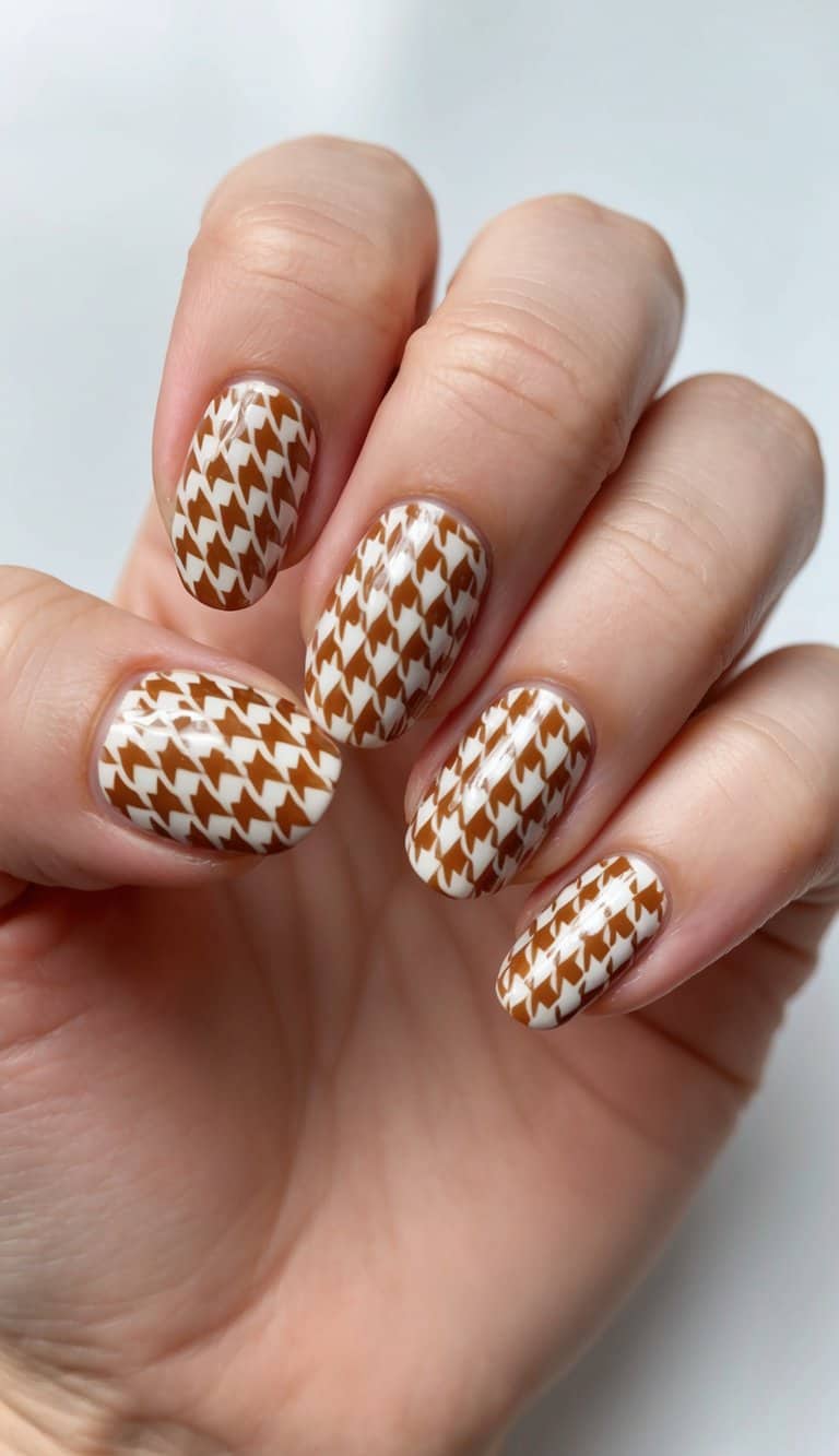 A close-up of a tan houndstooth patterned nail with stylish brown nail art designs
