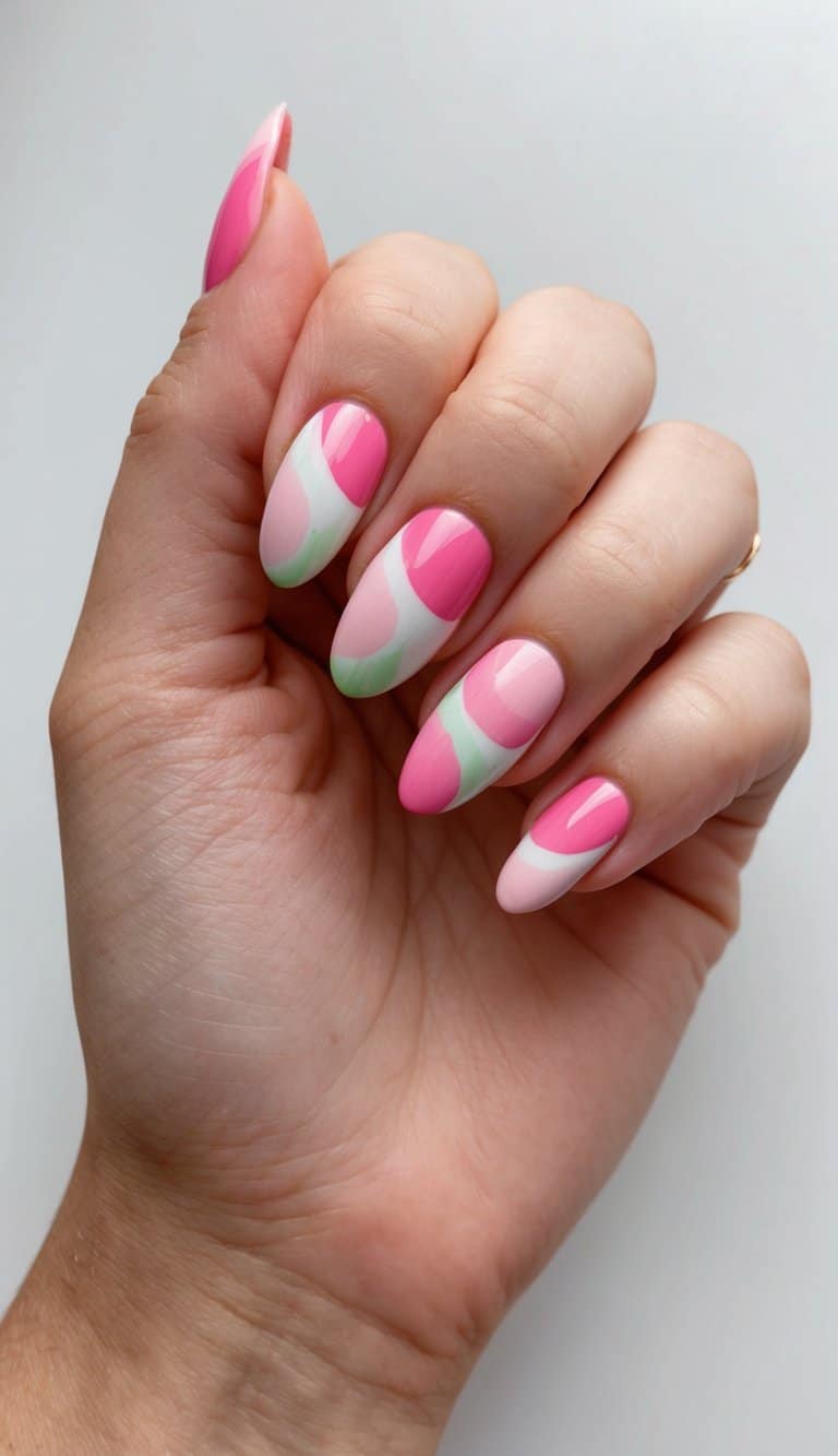 A watermelon swirl nail art design with soft pink ombre shades, resembling the colors of a ripe watermelon