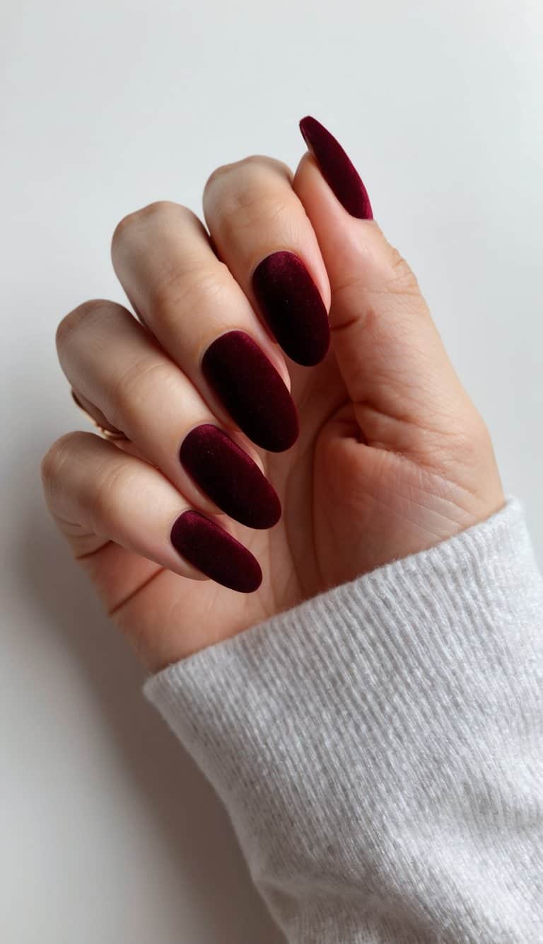 A close-up of red chrome nails with velvet matte finish