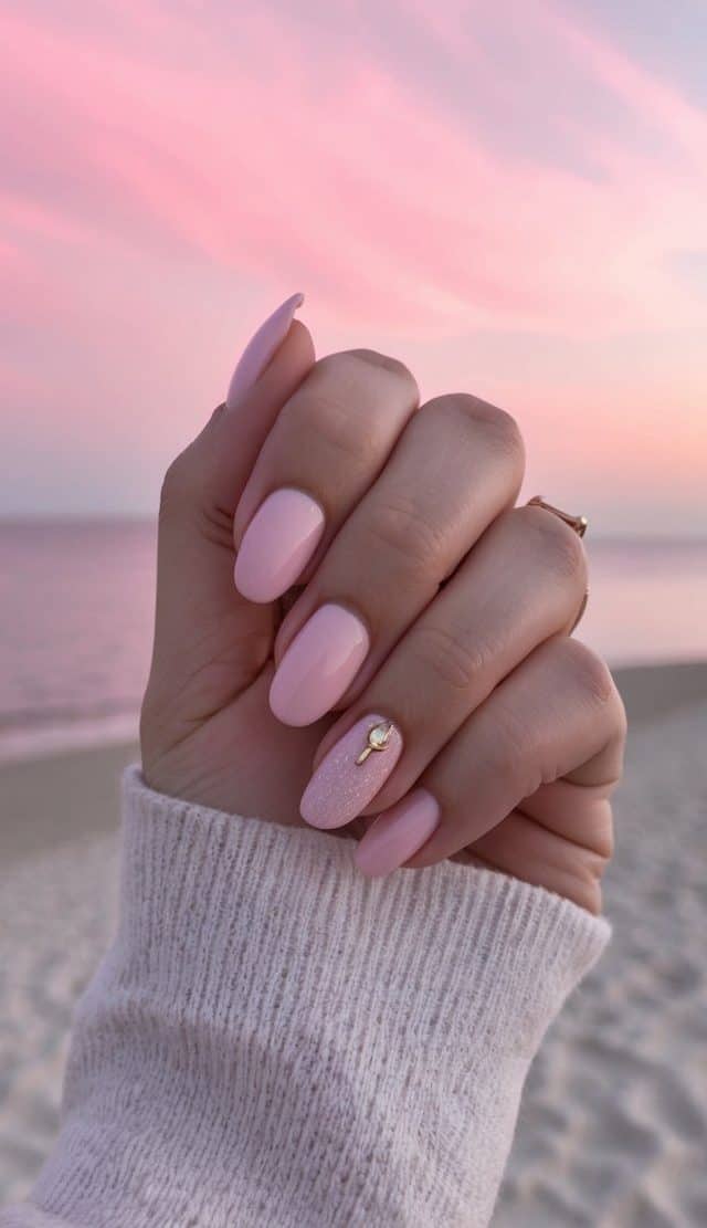 A serene pink sunset over a tranquil beach, with the sky transitioning from soft baby pink to a deep magenta, creating a dreamy ombre effect