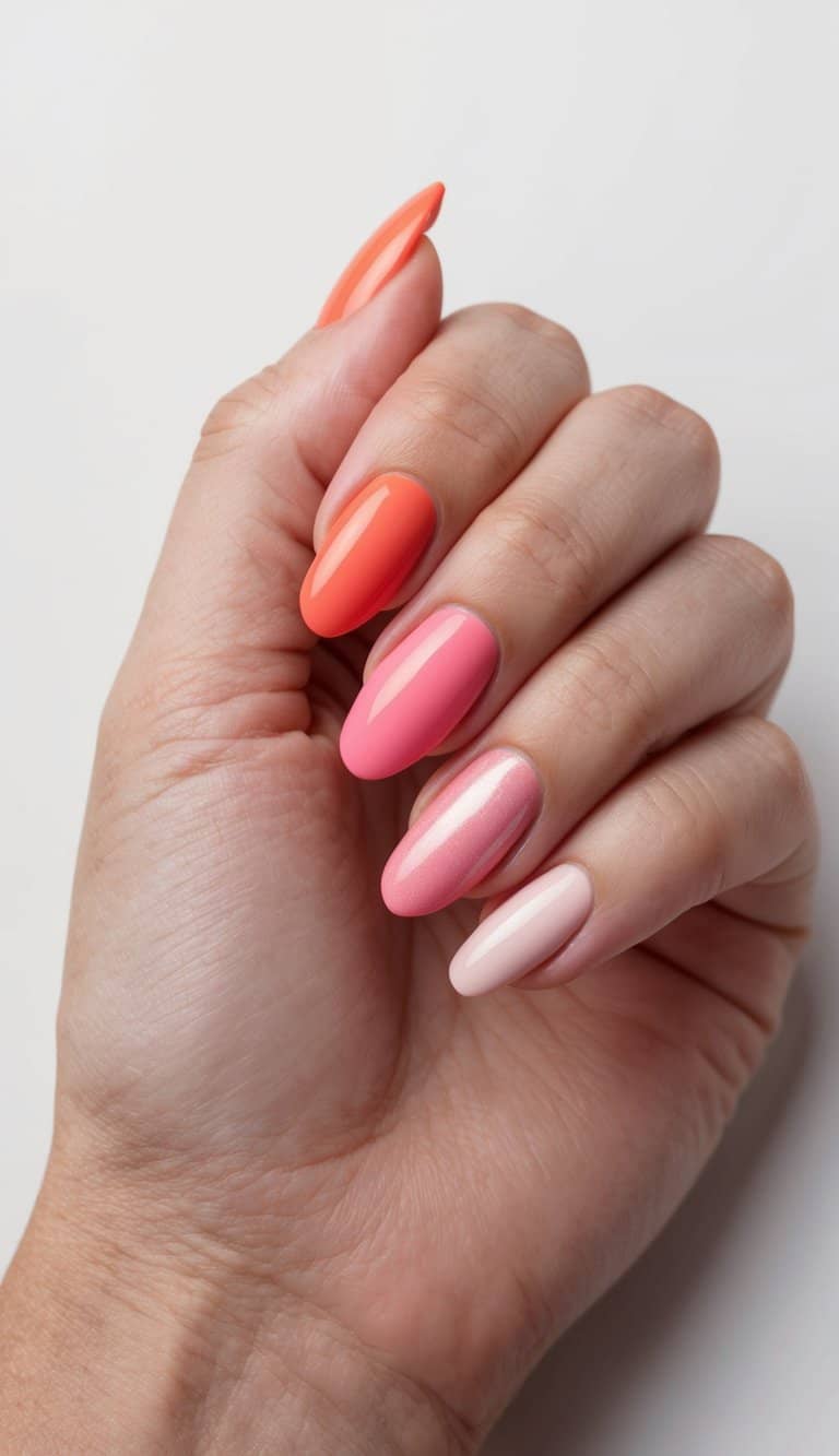 A gradient of coral and pink ombre nail polish, with soft gradient blending and delicate details