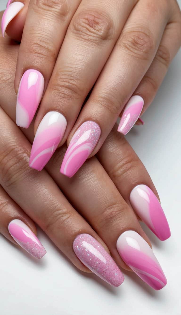 A close-up view of pink marble ombre nails, with soft gradients and dreamy designs
