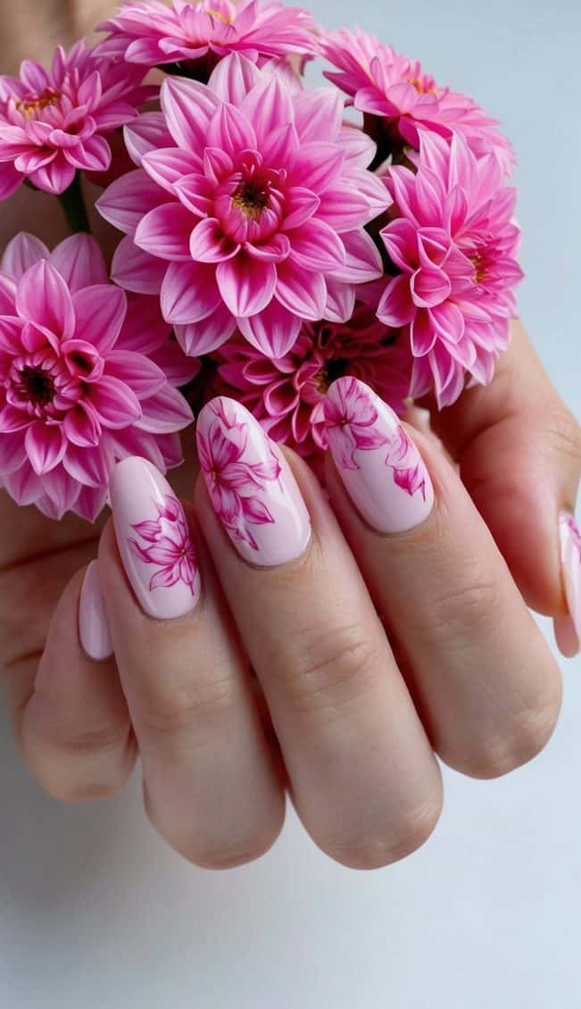 A close-up of pink dahlia flowers arranged in a delicate and charming nail art design