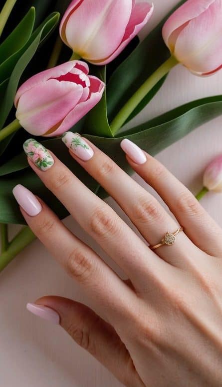 A close-up of pink tulip flowers in various stages of bloom, surrounded by green leaves and stems, against a soft, pastel background