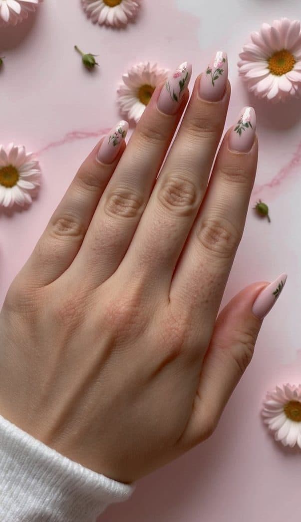 A pink marble background with scattered pink flowers and delicate nail art designs