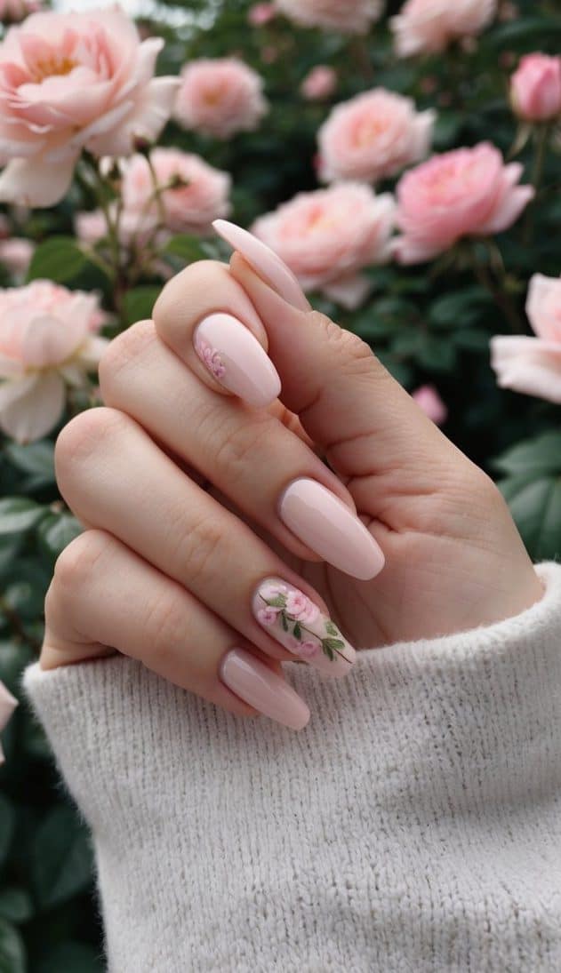 A serene rose garden with pink flowers in full bloom, creating a delicate and charming atmosphere for nail art inspiration