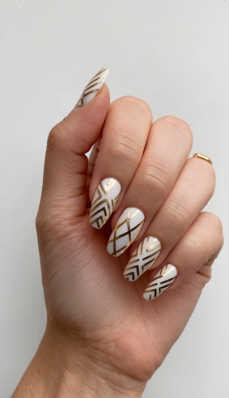 A close-up of gold geometric patterns on acrylic nails