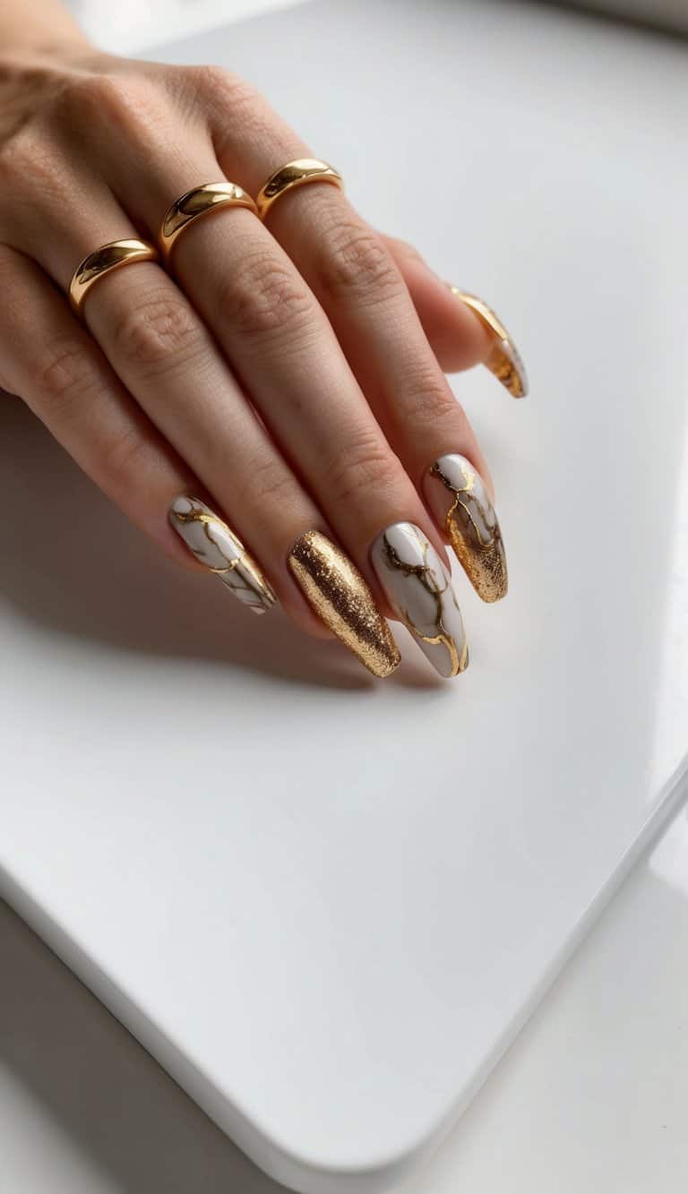 A set of gold acrylic nails with a marble effect and gold foil accents, displayed on a clean, modern surface