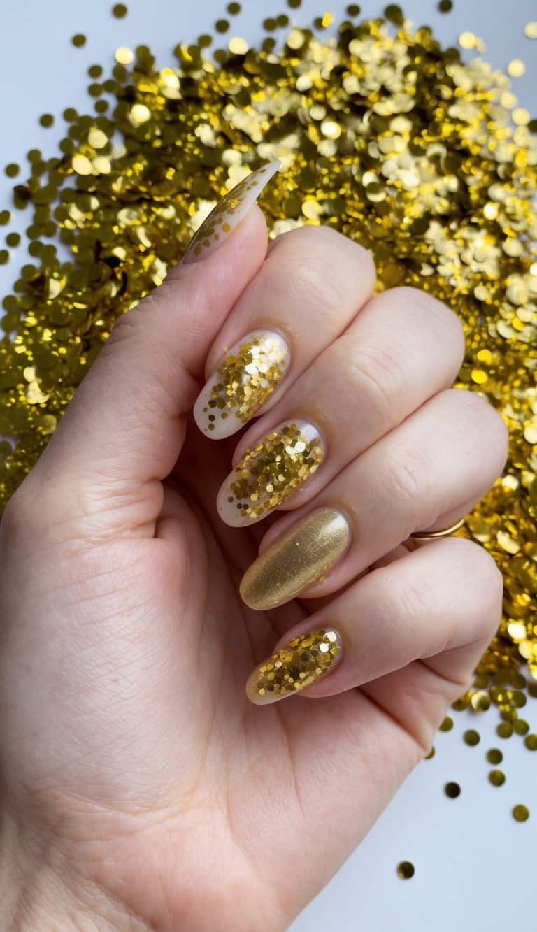 A hand holding a gold acrylic nail with sparkling gold confetti scattered around it