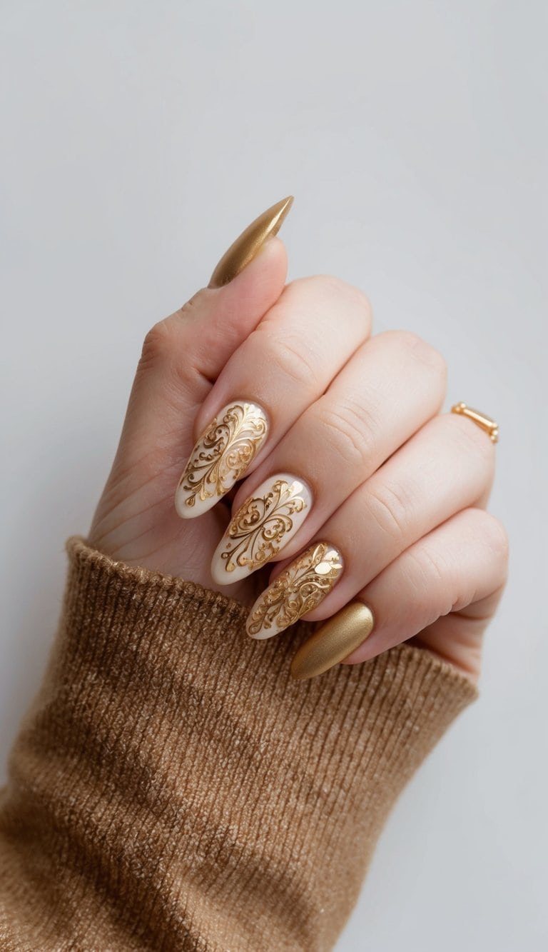A vintage gold filigree design with intricate details and 50 glamorous gold acrylic nail art ideas showcased in a stylish and elegant setting