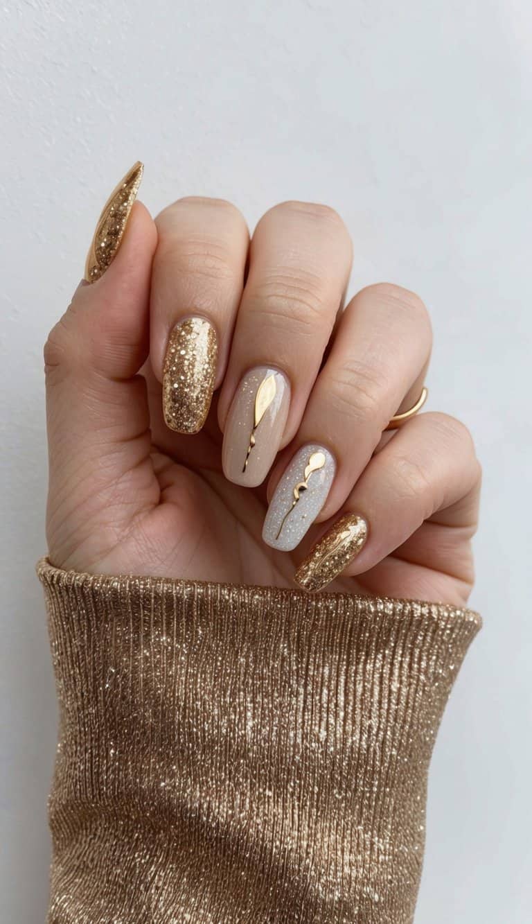 A sparkling gold acrylic nail art display with elegant designs and a glitter fade